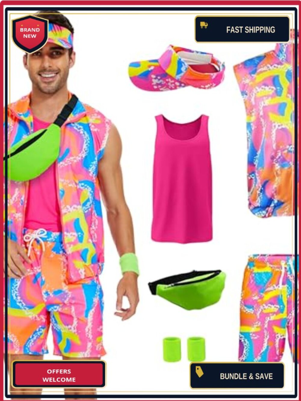 80s Workout Costume Men Tank Top Vest Shorts Neon Party Set
